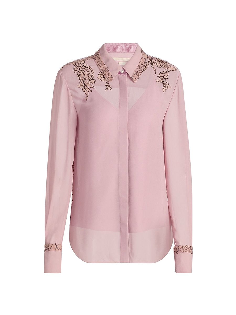 Women's Lace-Detailed Crepe Chiffon Shirt - Peony - Size 14