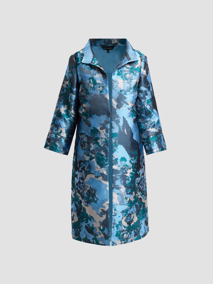 Ming Wang Women's Abstract Jacquard Spread-Collar Coat - Deepteal - Size XL
