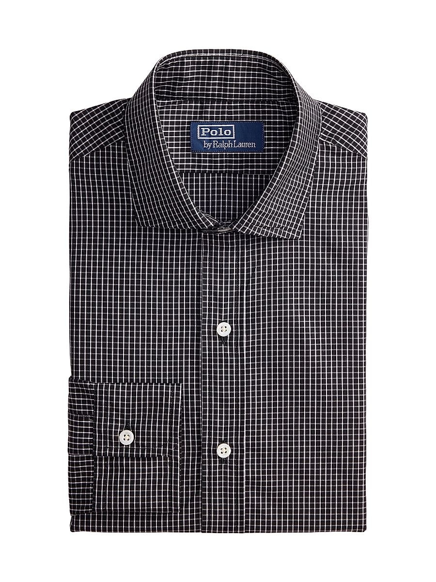Men's Custom-Fit Plaid Poplin Shirt - Polo Black White - Size 16.5