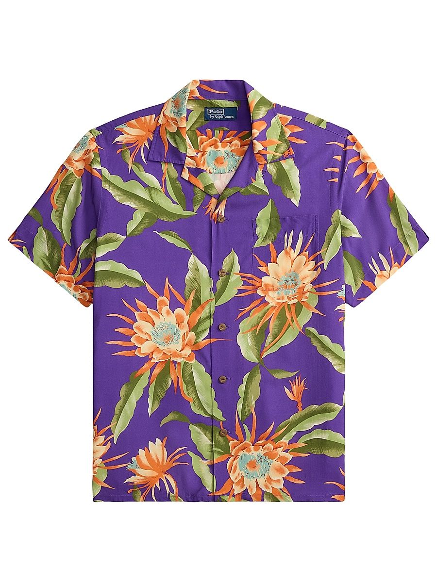 Men's Tropical Floral Print Short-Sleeve Shirt - Purple - Size XXL