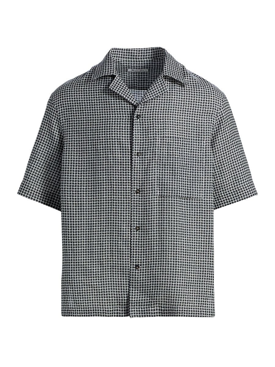 Men's Federico Linen Camp Shirt - Ivory Blue Check - Size Large