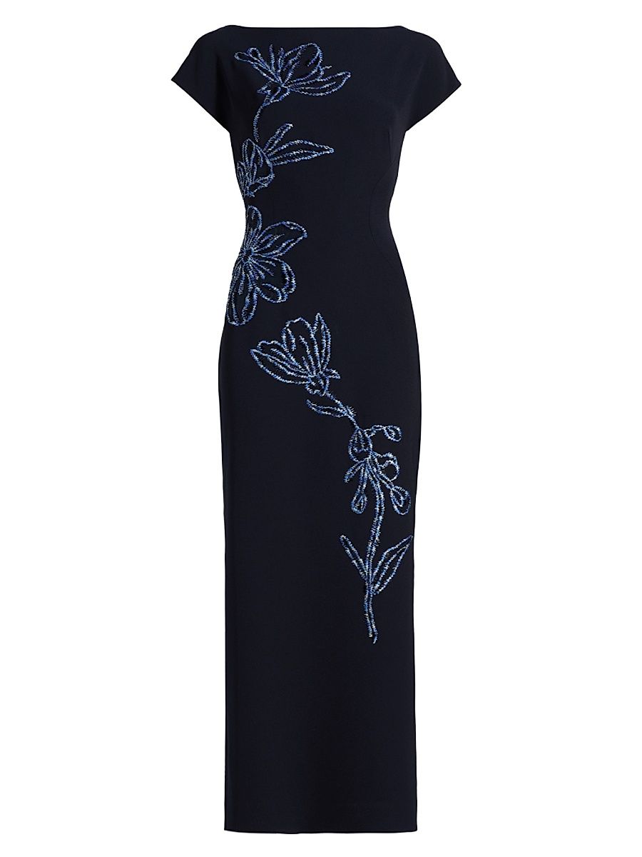 Women's Floral-Embroidered Fluid Crêpe Cocktail Dress - Navy Blue - Size 16