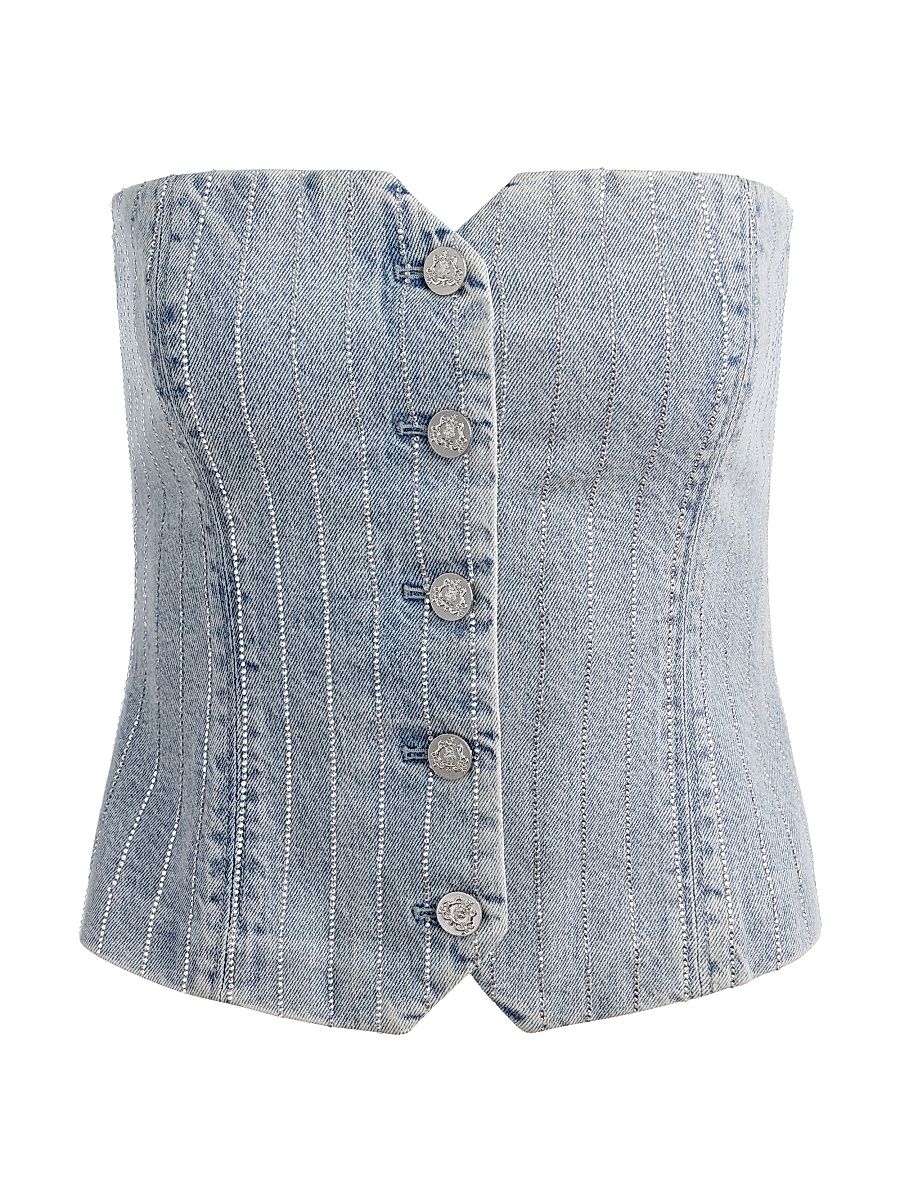 Women's Denim Capsule Kelcey Rhinestone Pinstriped Bustier Top - Rockstar Blue Clear Crystal - Size 0