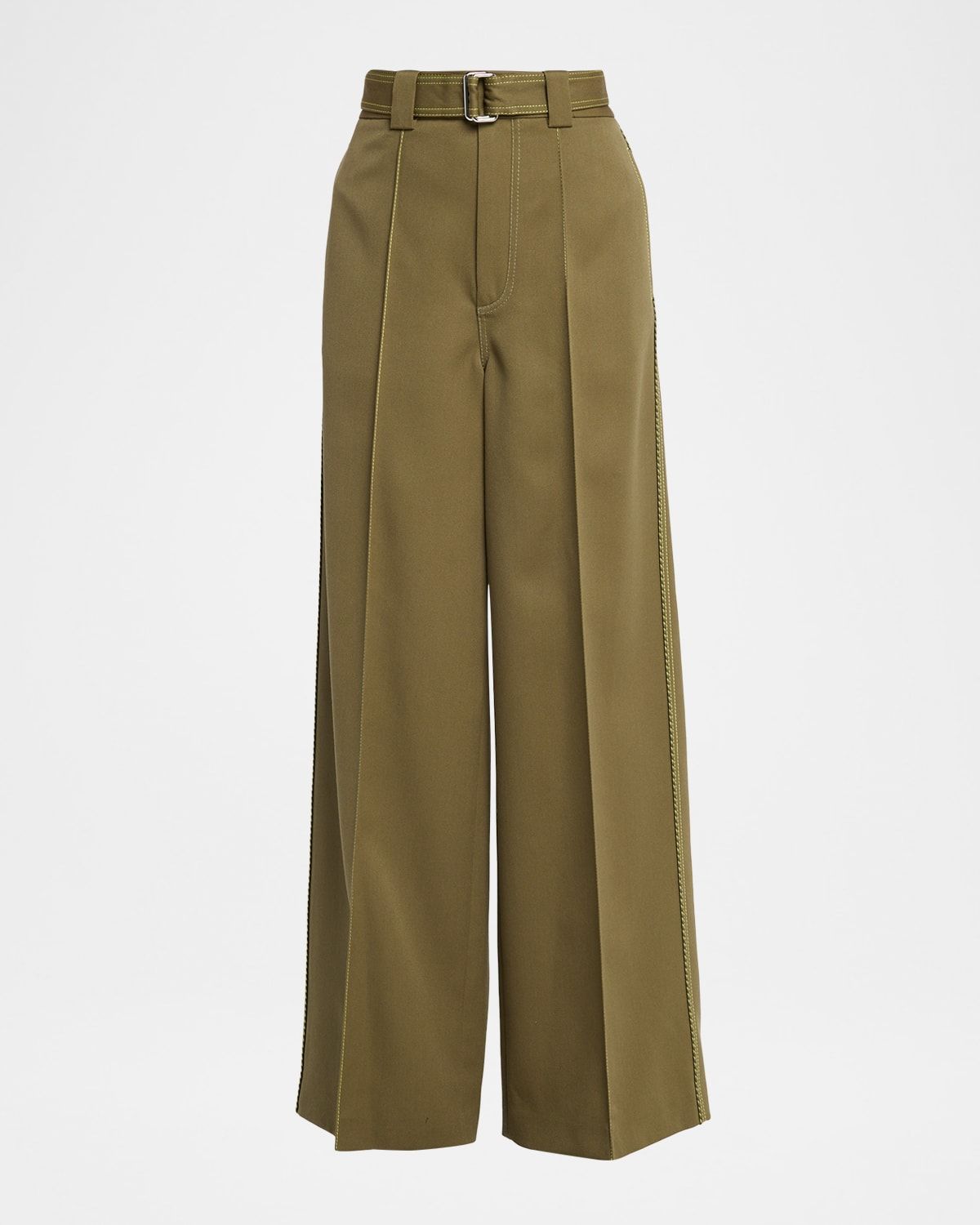 Belted Pintuck Wool Twill Wide-Leg Pants