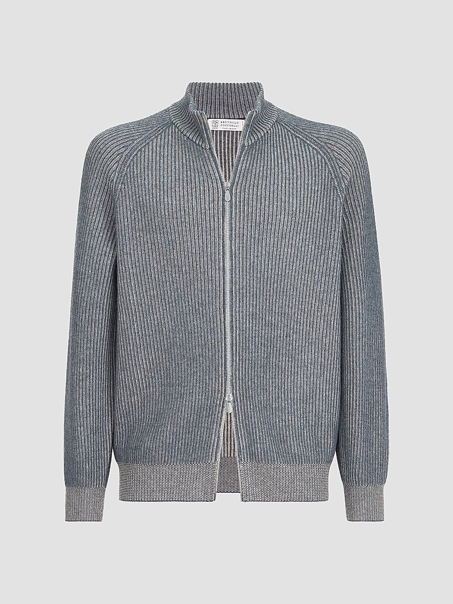Men's Cashmere Vanisé English Rib High-Neck Cardigan with Zipper - Cerulean - Size 32