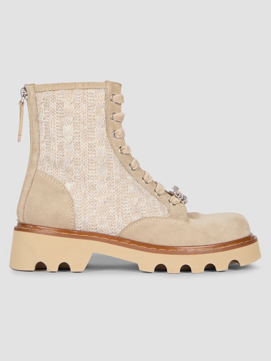 Roger Vivier Women's Viv Rangers Cable-Knit & Suede Combat Boots - Beige - Size 10