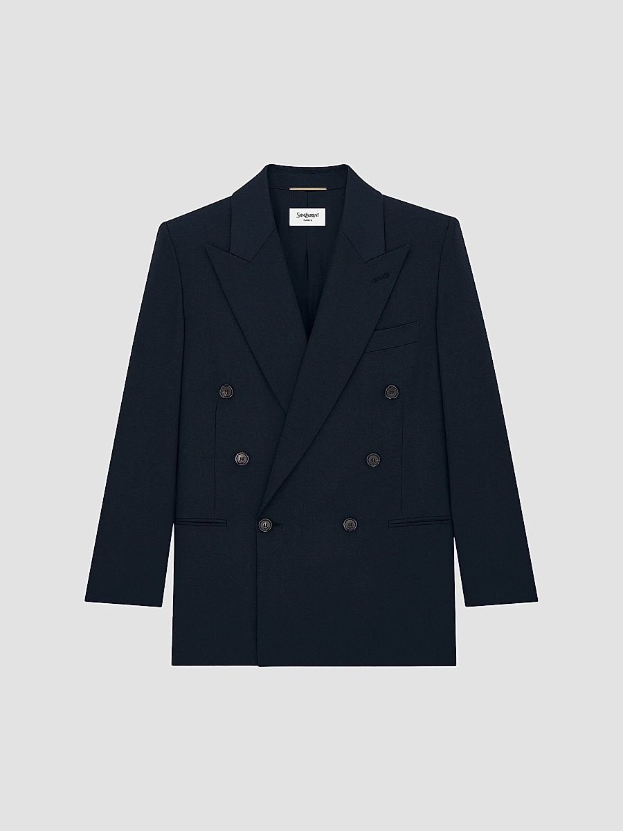 Saint Laurent Women's Double-Breasted Short Jacket in Wool Gabardine - Dark Navy - Size 8