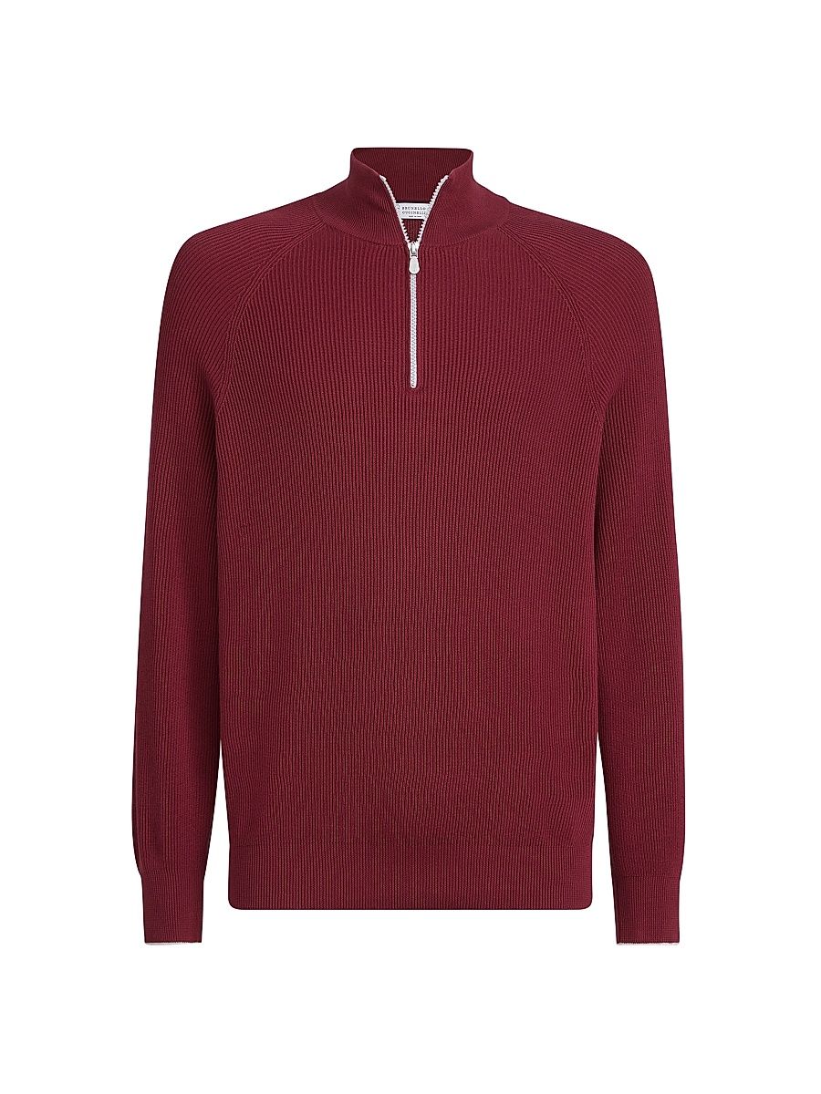 Men's Cotton English Rib Sweater with Half Zip and Raglan Sleeves - Red - Size 38