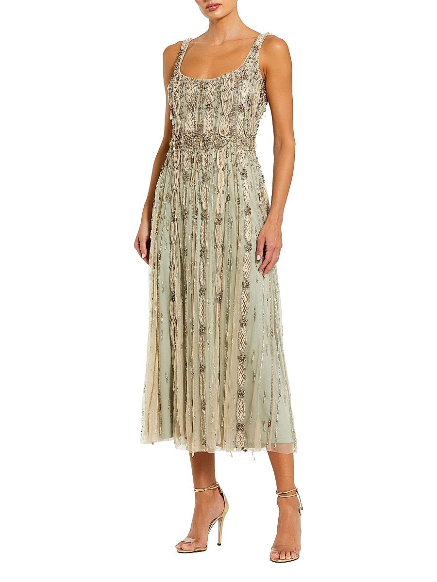 Women's Embellished Tulle Scoopneck Midi-Dress - Beige Sage - Size 12