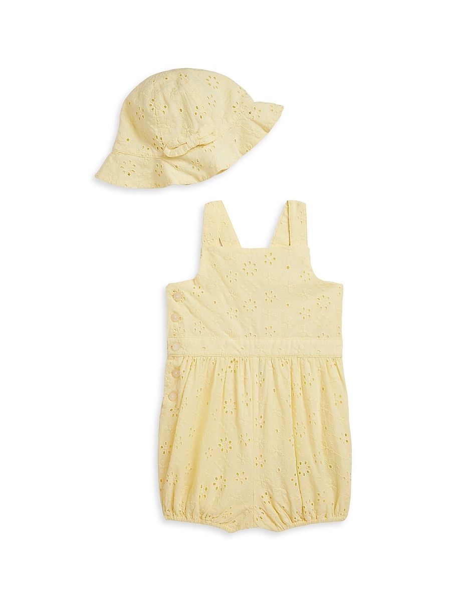 Baby Girl's Eyelet Cotton Bubble Shortall & Hat Set - Yellow - Size 9 Months