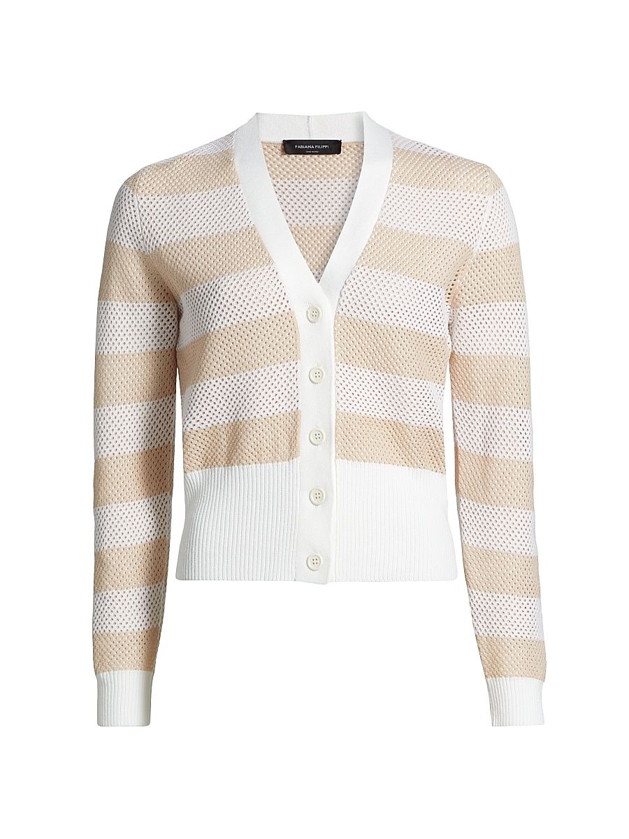 Women's Striped Wool-Cotton Mesh Cardigan - Rafia Cipria - Size 12