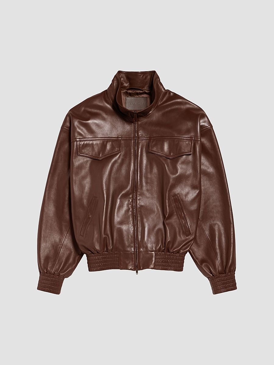 Balenciaga Men's High Collar Leather Bomber Jacket - Castor - Size Medium