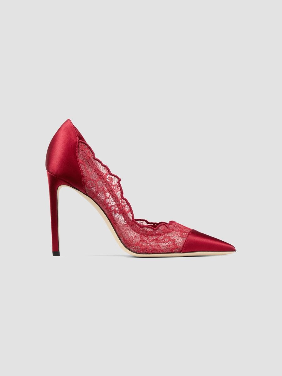 Jimmy Choo Women's Brigitte 100MM Lace & Satin Heels - Ruby Red - Size 12
