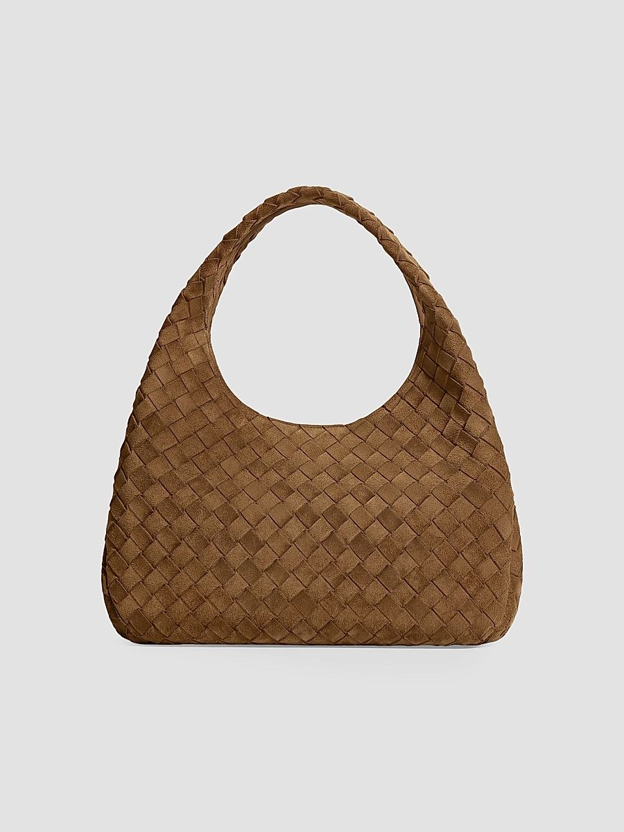 Women's Medium Campana Intrecciato Suede Shoulder Bag - Dark Caramel