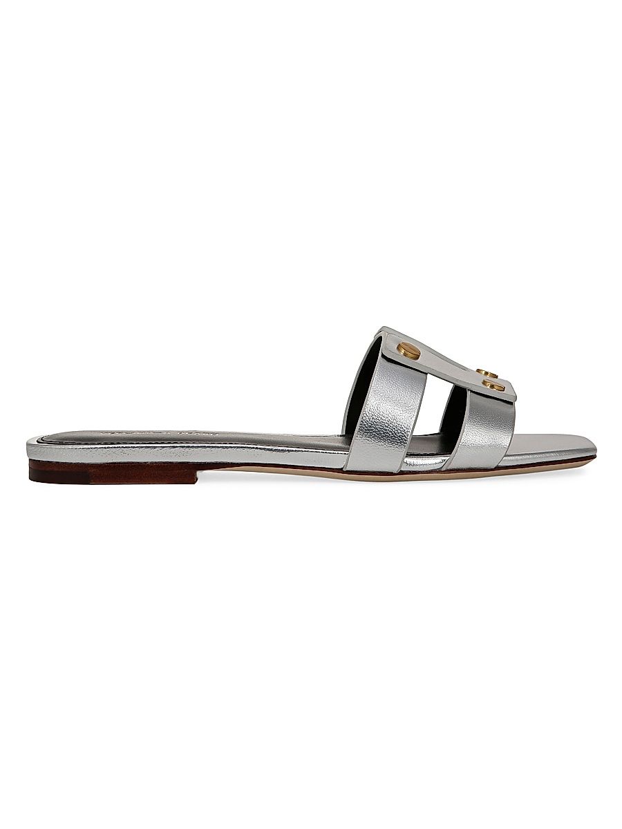 Women's Via Metallic Leather Flat Sandals - Silver - Size 12
