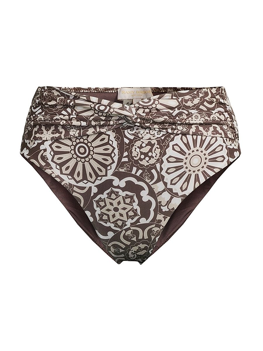 Women's Dina Geomectric-Print Bikini Bottom - Beach Brown Combo - Size XS