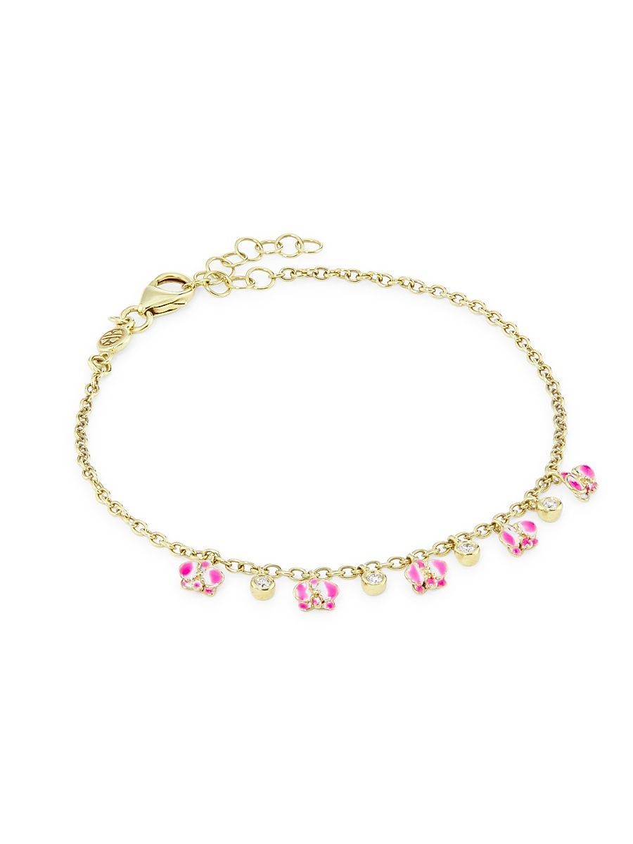 Women's Kidea 18K Yellow Gold, 0.06 TCW Diamond & Enamel Orchid Charm Bracelet - Pink