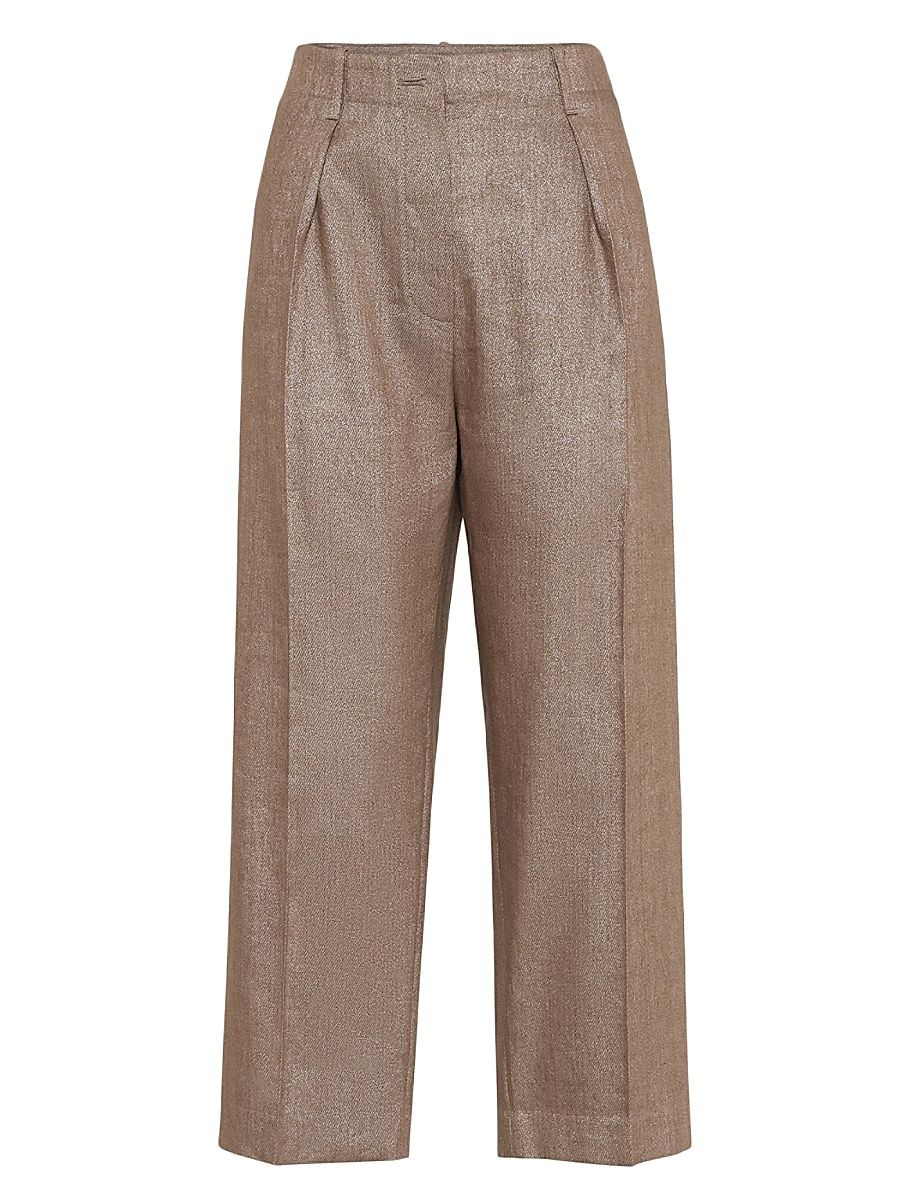 Women's Linen and Virgin Wool Sparkling Twill Pleated Chino Trousers - Hazelnut - Size 14