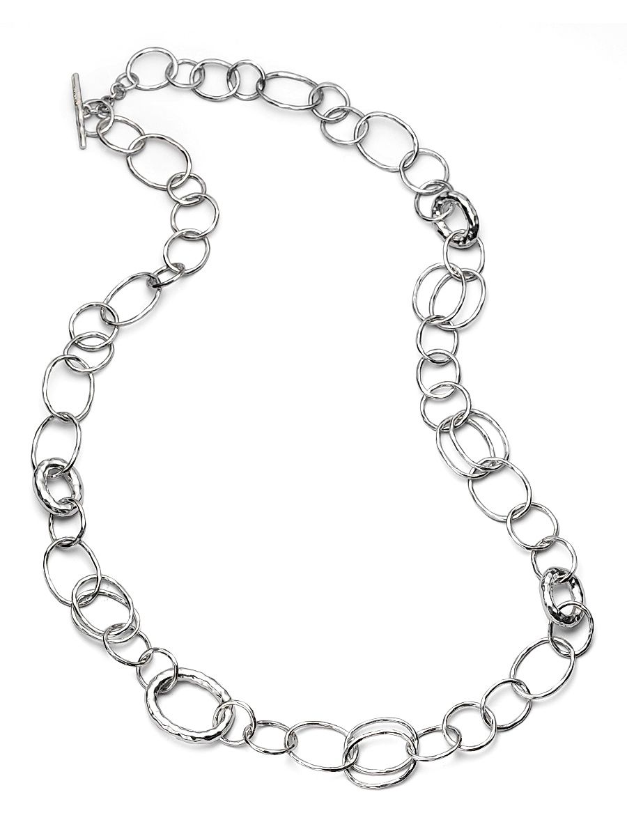 Women's Classico Long Sterling Silver Hammered Bastille Link Chain Necklace - Silver