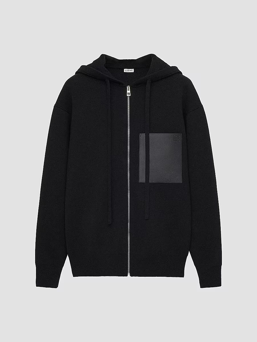 LOEWE Men's Leather Patch Pocket & Wool Zip-Front Hoodie - Black - Size Small