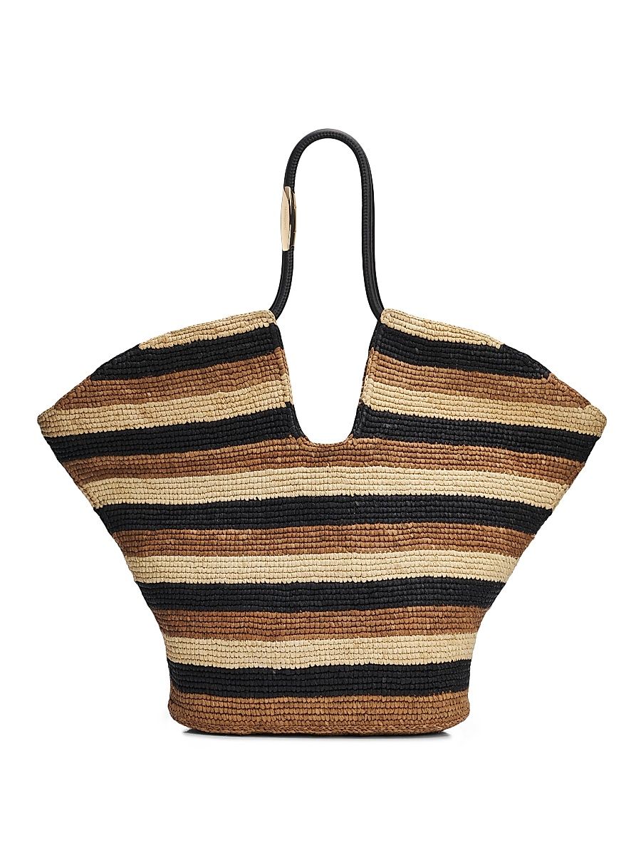 Women's Goldentime Large Striped Handwoven Raffia Tote Bag - Black Stripes