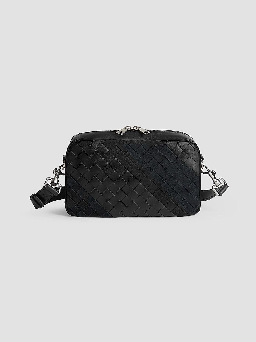 Men's Small Intrecciato Leather & Suede Crossbody Camera Bag - Black Silver
