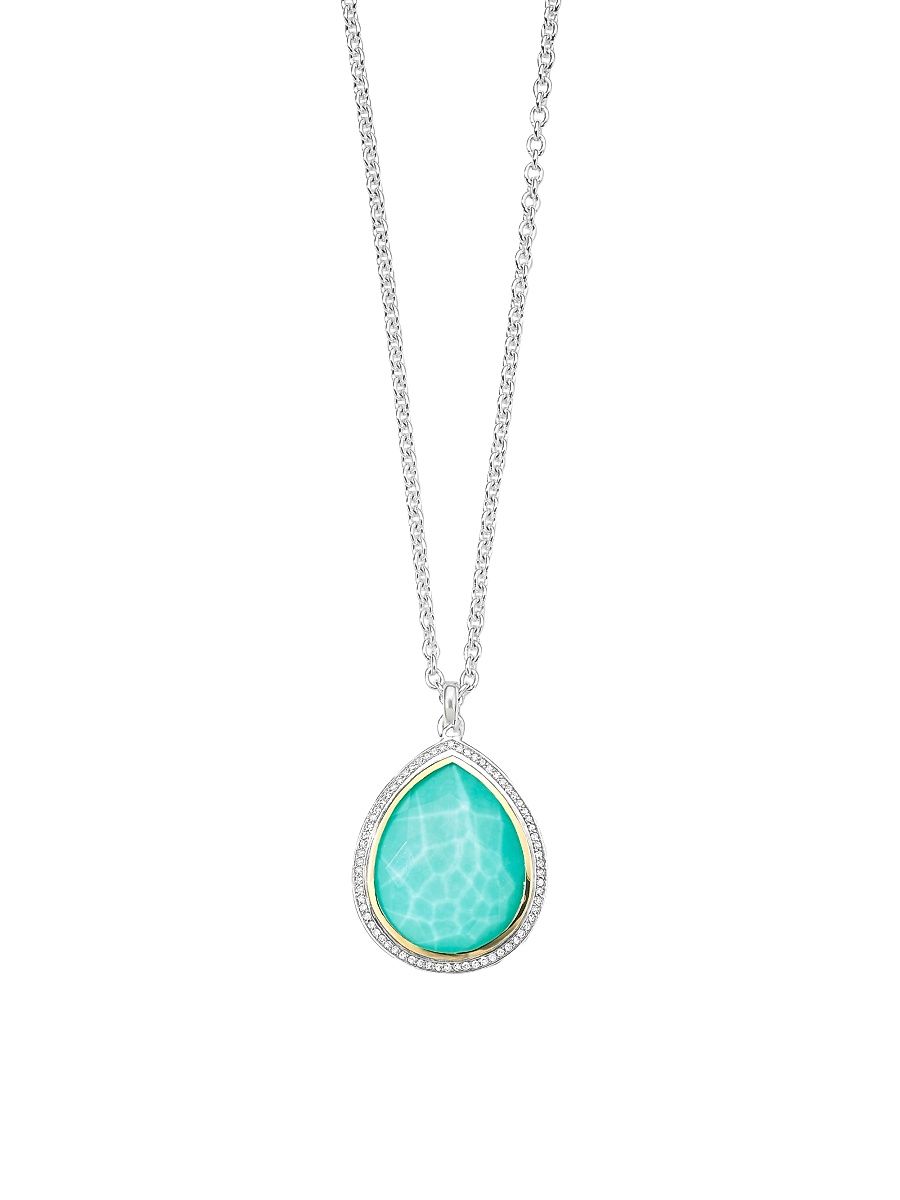 Women's 2T Rock Candy Teardrop 18K Gold, Sterling Silver, Turquoise & Diamond Large Pendant Necklace - Silver - Size 16