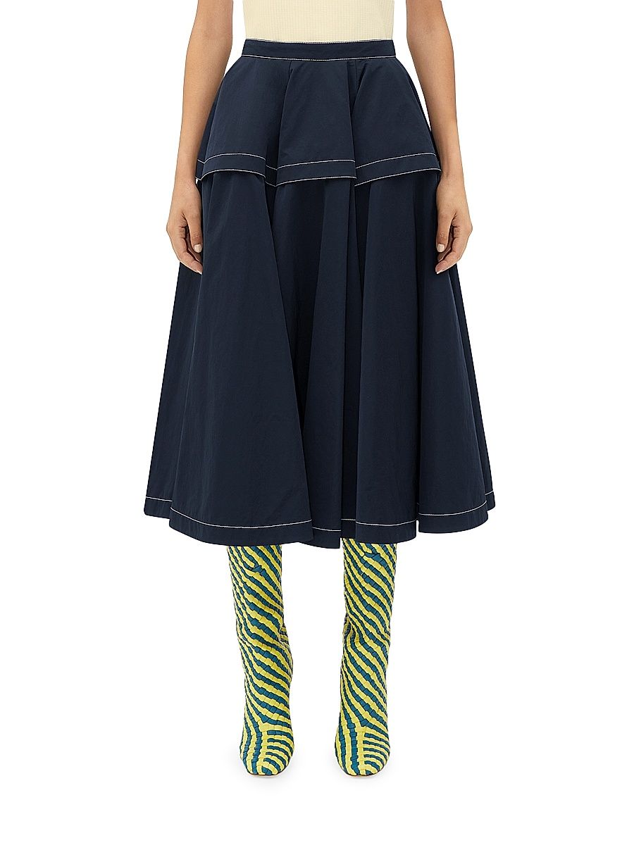 Women's Tiered Pleated Midi-Skirt - Navy - Size 8