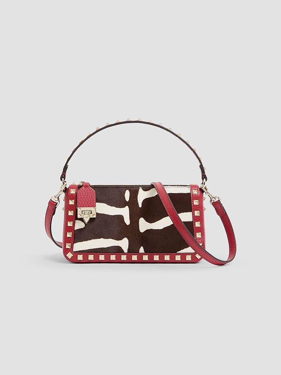 Women's Rockstud Small Crossbody Bag in Pony-Effect Calfskin Leather - White Marrone Red