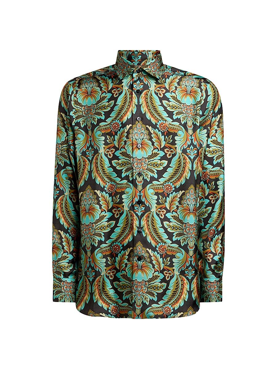 Men's Silk Damask Button-Front Shirt - Printed Black Base - Size 15