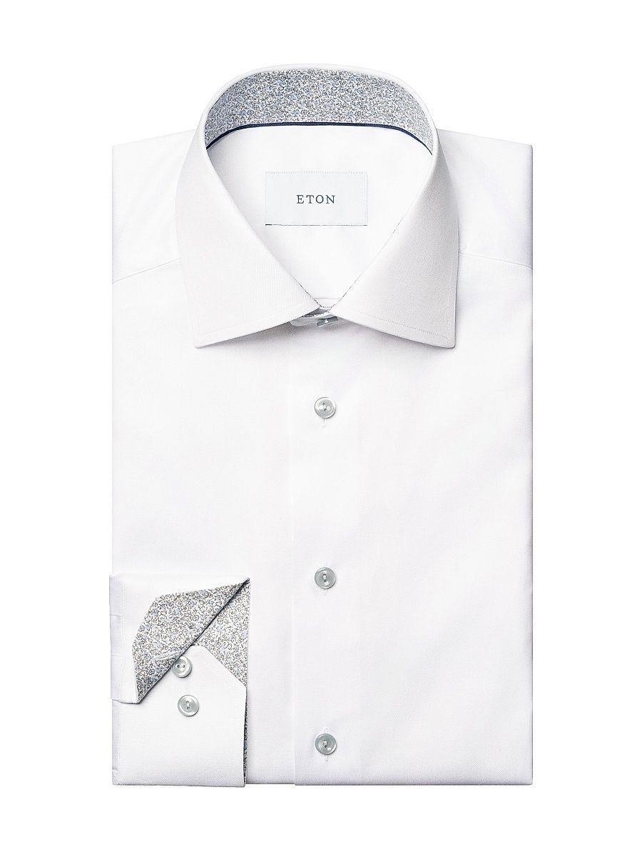 Men's Floral Detail Signature Slim-Fit Cotton Twill Shirt - White - Size 16.5
