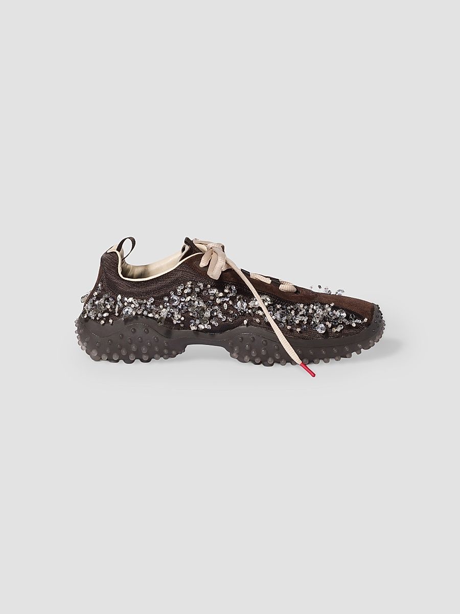 Women's Bubble Embroidered Technical Fabric and Suede Sneakers - Brown - Size 8