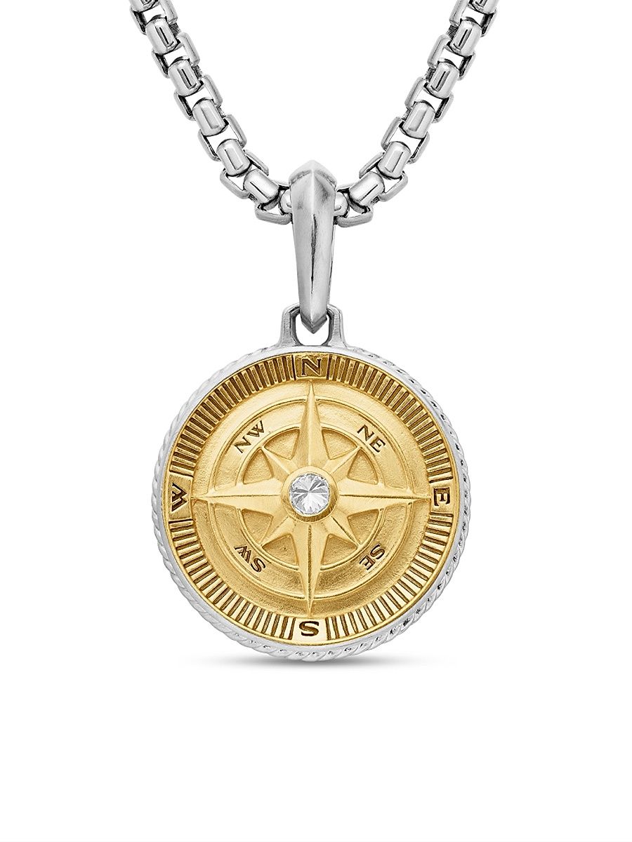Men's Maritime Compass Amulet in Sterling Silver with 18K Yellow Gold and Center Diamond, 29.5mm - Diamond