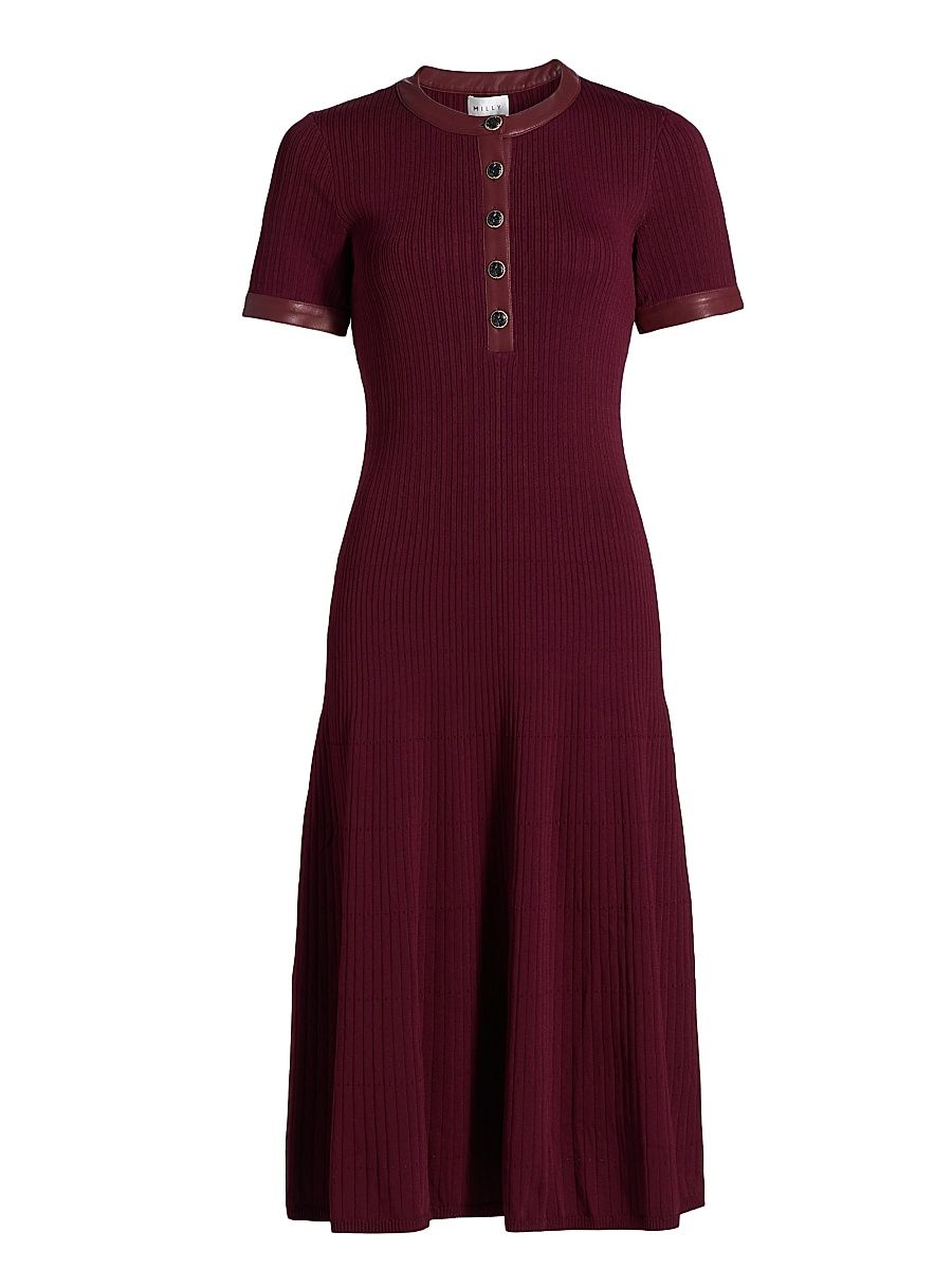 Women's Faux Leather-Trimmed Henley Midi-Dress - Burgundy - Size XL