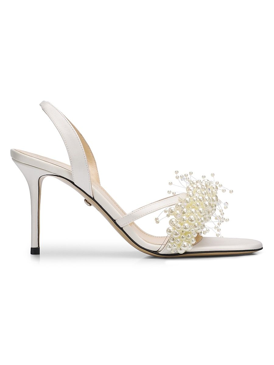 Women's 85MM Imitation-Pearl-Embellished Satin Sandals - White - Size 11