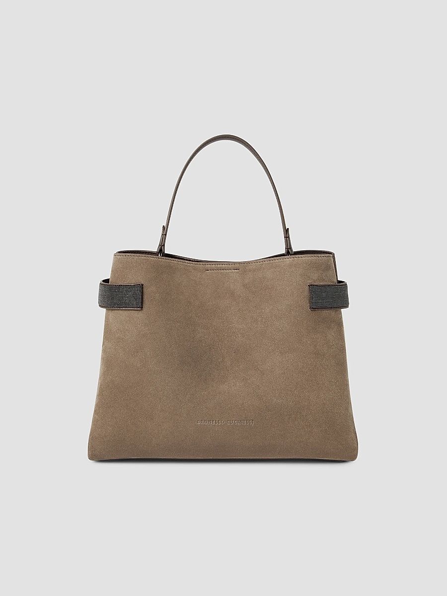 Women's Essence Top Handle Bag in Suede with Precious Bands - Bark