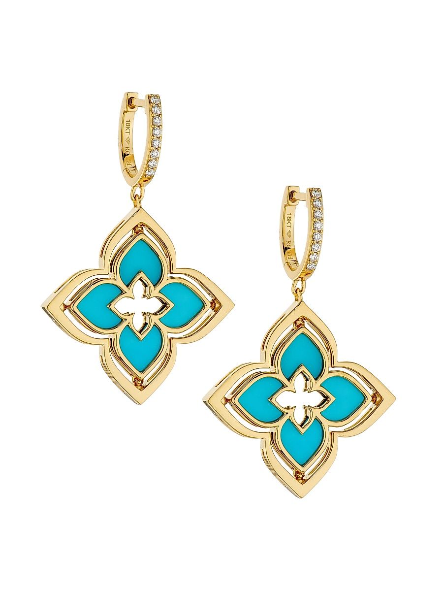 Women's Venetian Princess 18K Yellow Gold, Turquoise & 0.19 TCW Diamond Pirouette Flower Drop Earrings - Yellow Gold