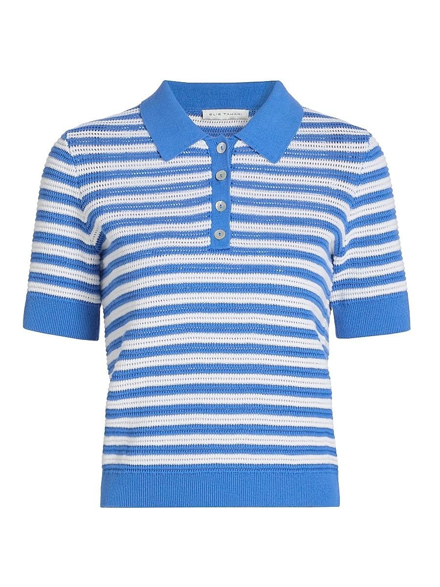 Women's The Elliot Striped Cotton Polo Sweater - Seaport Blue Ivory - Size XL