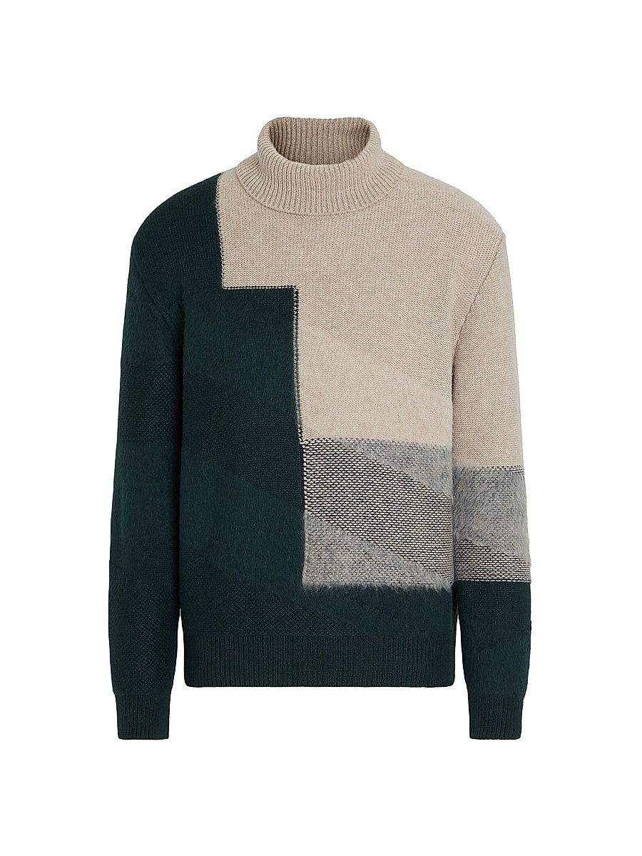 Men's Cashmere and Mohair Turtleneck Sweater - Light Taupe Green - Size 46