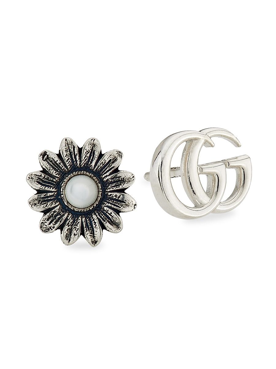 Women's Double G Flower Stud Earrings - Silver
