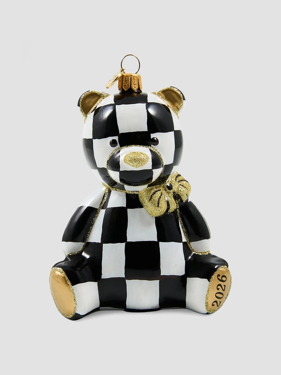 MacKenzie-Childs Merry Christmas Courtly Bear Check Glass Ornament