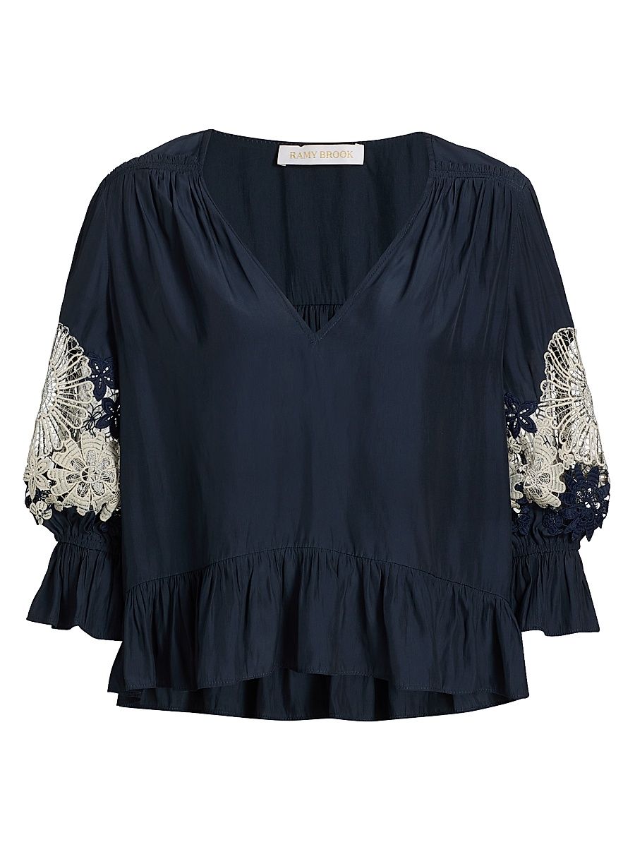 Women's Berry V-Neck Lace Blouse - Navy - Size XL