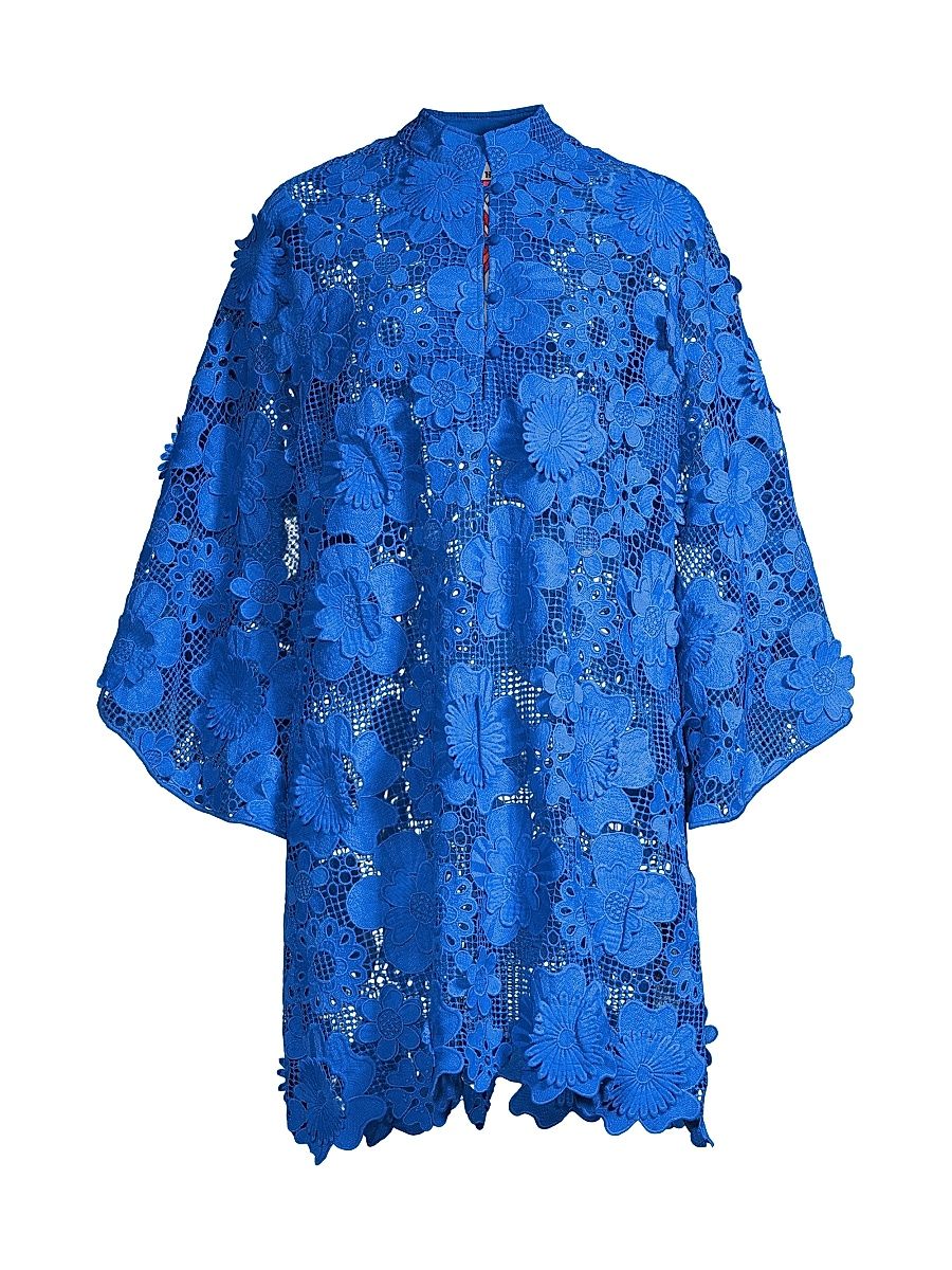 Women's '60s Floral Lace Mini Caftan - Cobalt