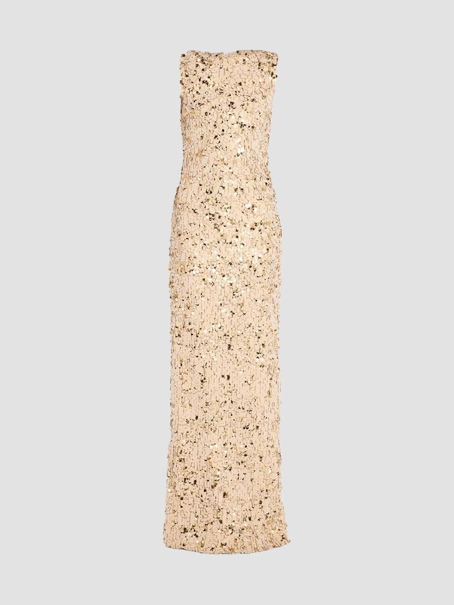 Oscar de la Renta Women's Velvet Paillettes Silk Column Gown - Gold Ecru - Size 16