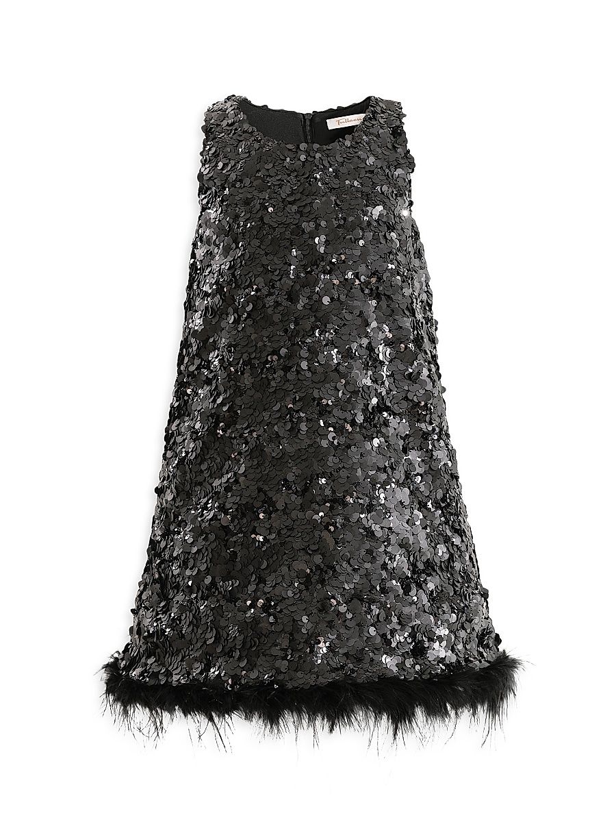 Little Girl's & Girl's Sequin Dress with Feather Hem - Black - Size 9