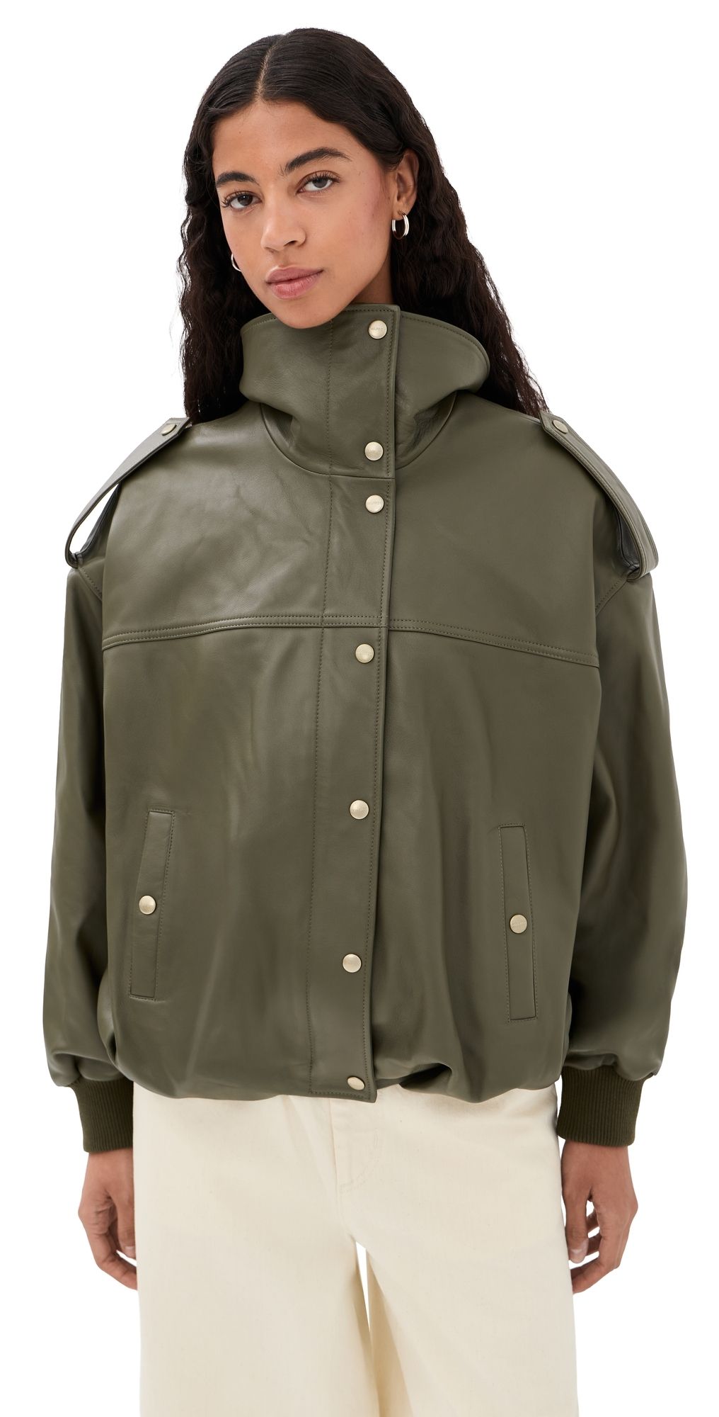 HALFBOY Smooth Leather Bomber Jacket Ivy Green S