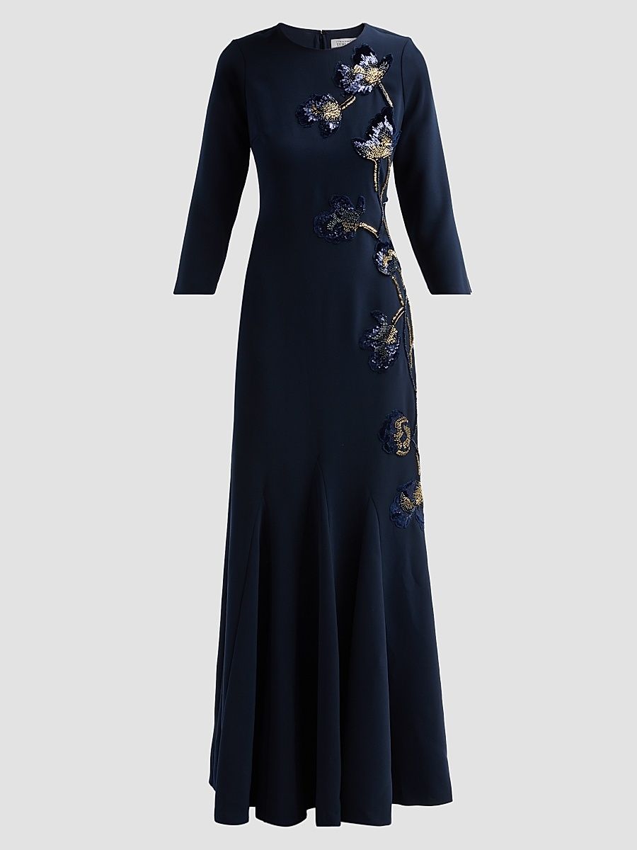 Women's Embellished Godet Crepe Gown - Navy Multi - Size 16