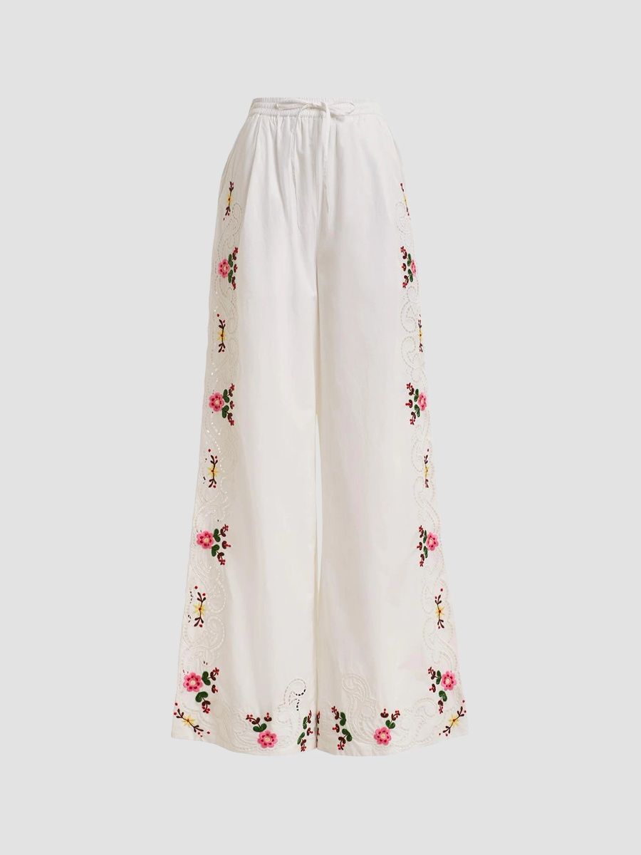 Women's Janai Embroidered Wide-Leg Cotton Pants - Off White - Size 2