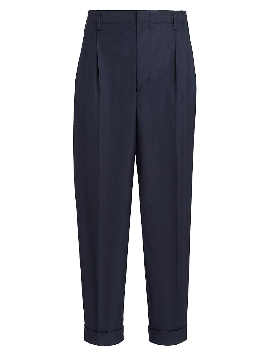 Men's Virgin Wool Chevron Trousers with Double Pleats - Navy Blue - Size 48