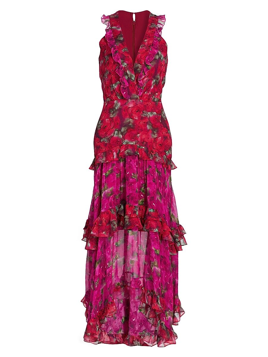 Women's Jolie Frilled Floral Midi-Dress - Magenta Rosebud - Size 12